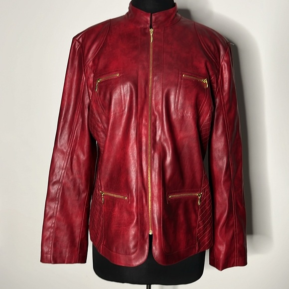 CHICO’S Women’s Red Zipper Front Closure Faux Leather Jacket Size L ((B4)) - Picture 1 of 7